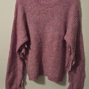 Cozy Mauve Knit Sweater with Fringe Details